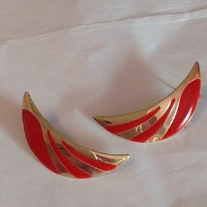 Post Back Earrings .. Crescent shape  Red and Gold